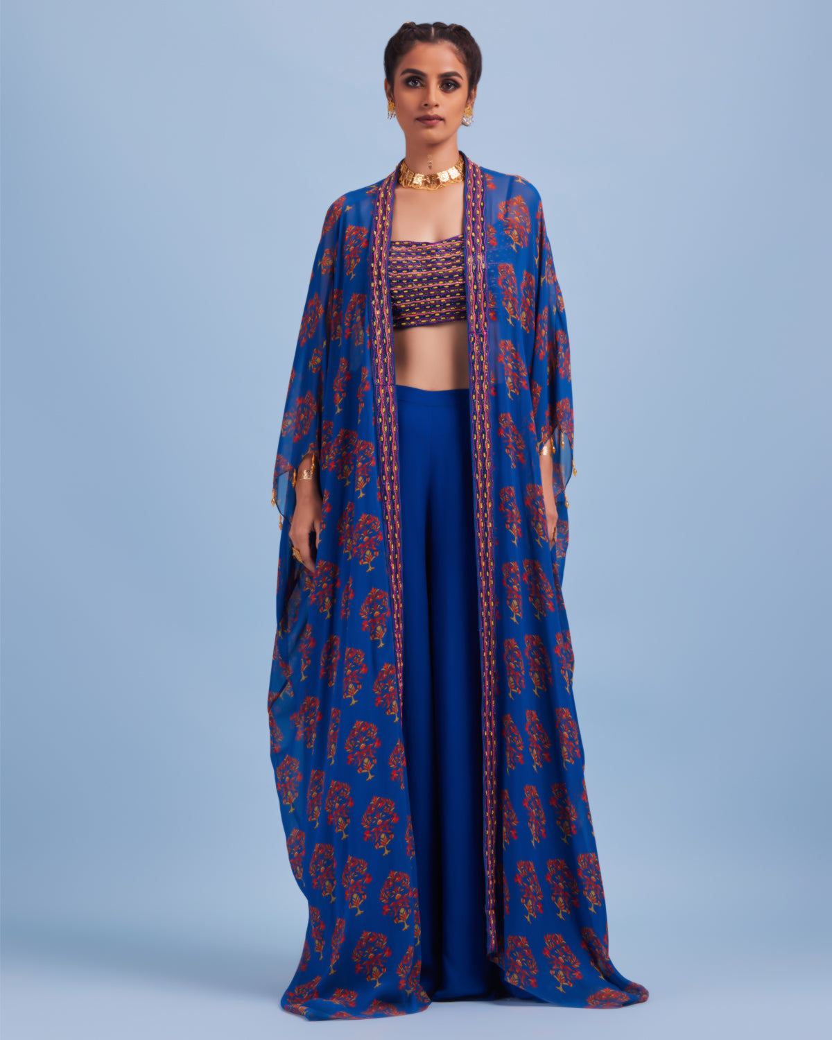 Blue Cord And Cutdana Embroidered Bustier Cape Set