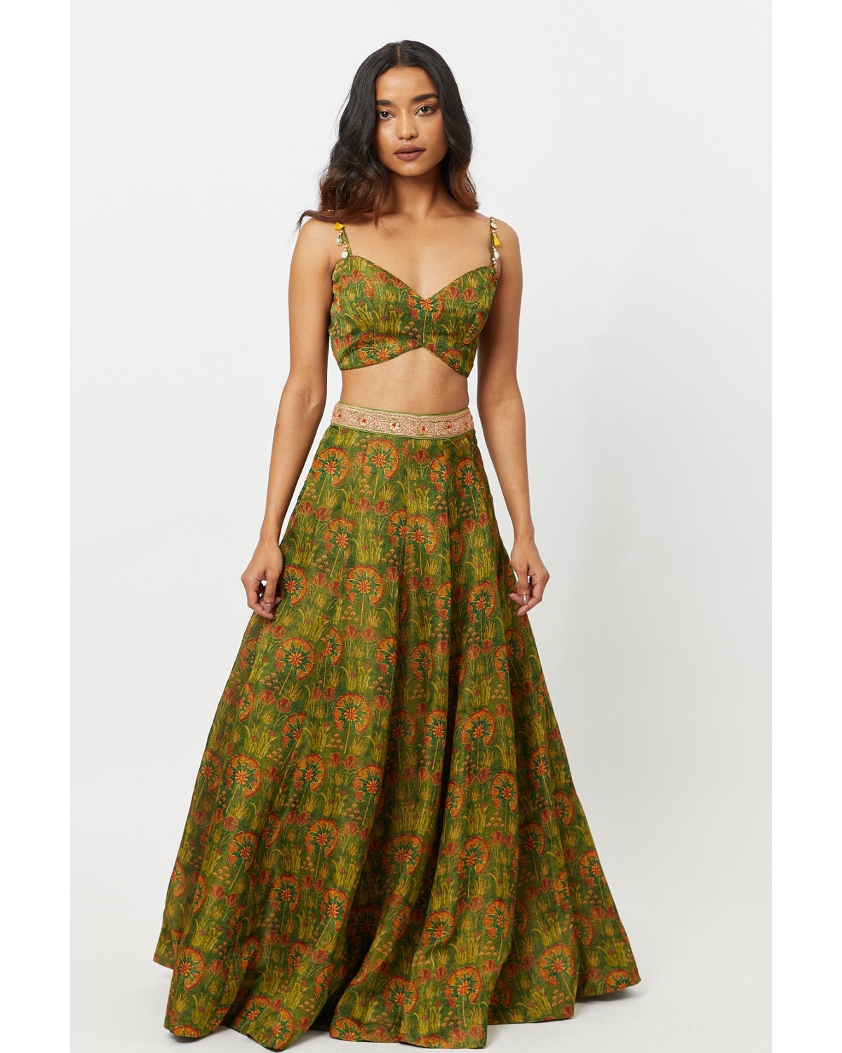 Green Printed Bustier With Gathering Skirt
