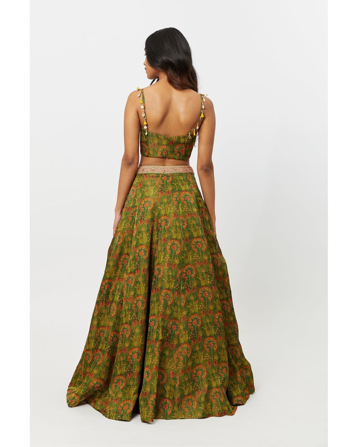 Green Printed Bustier With Gathering Skirt
