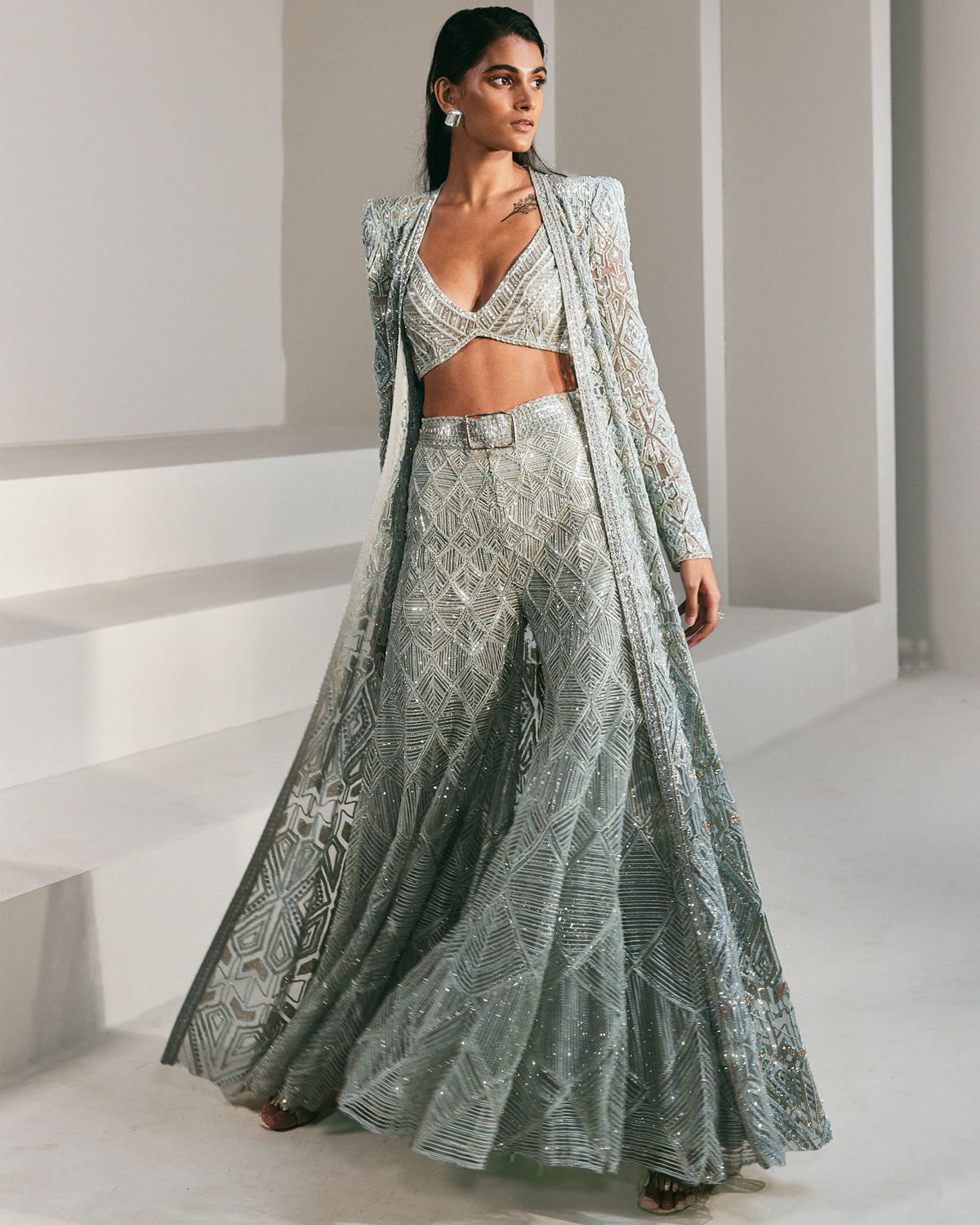 Blue Embroidered Jacket and Sharara Set by Ritika Mirchandani at KYNAH