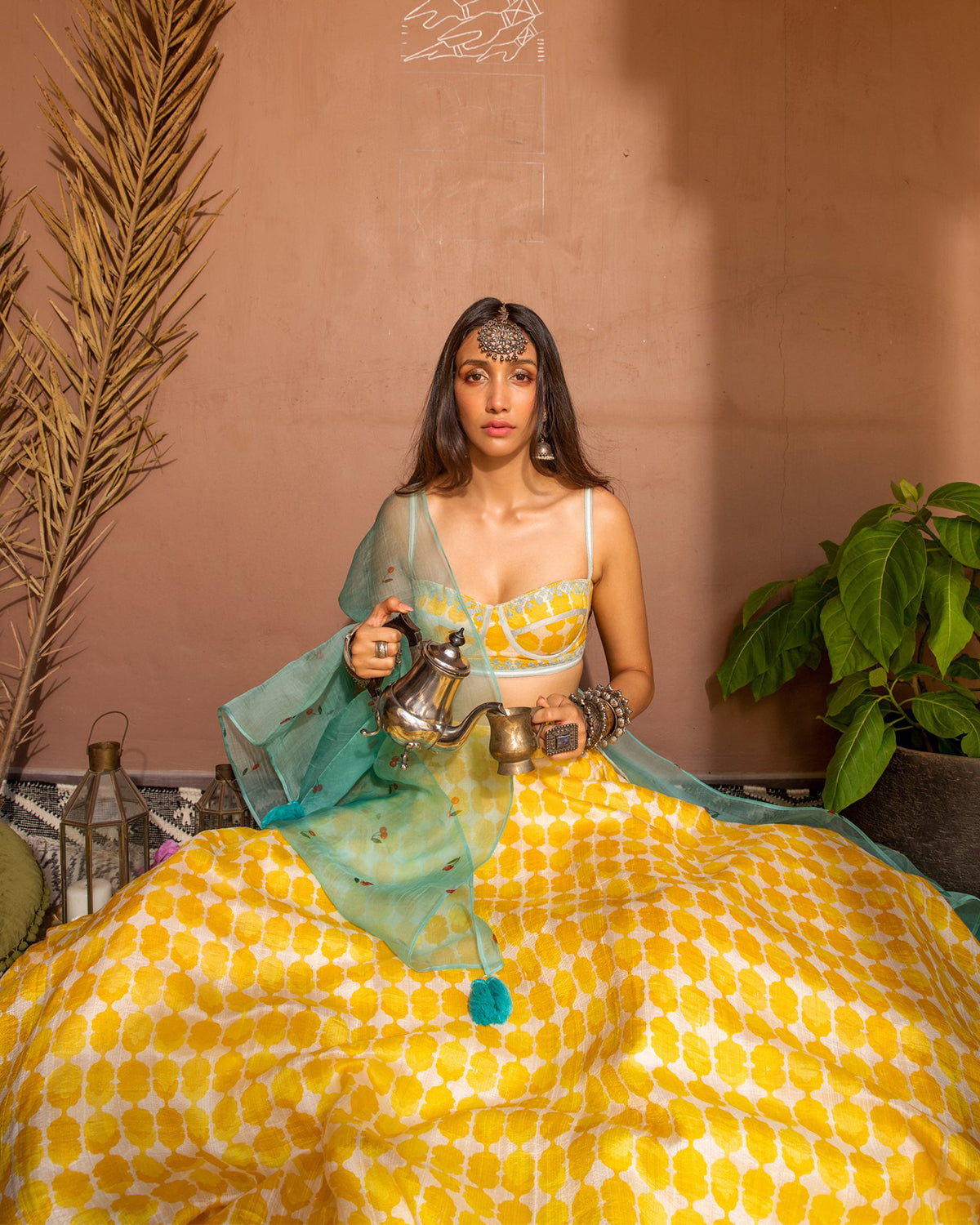 Mint Green and Yellow Trellis Lehenga by The Little Black Bow