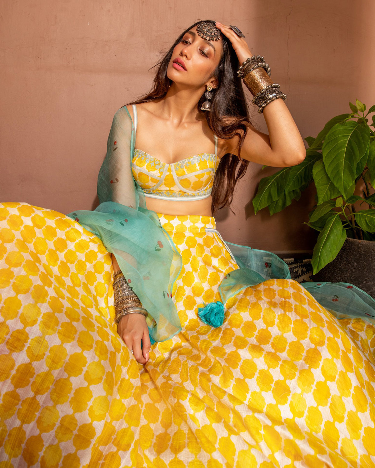Mint Green and Yellow Trellis Lehenga by The Little Black Bow