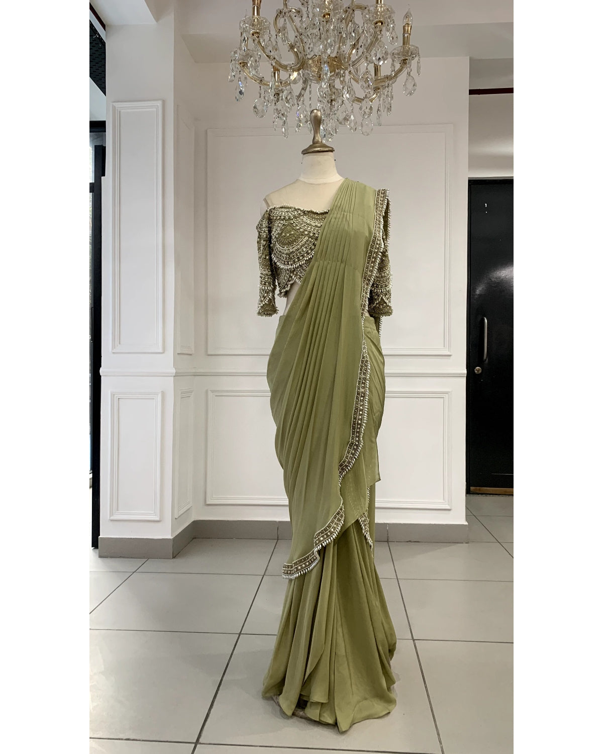 Green Chiffon & Tulle Pre Draped Sari Set