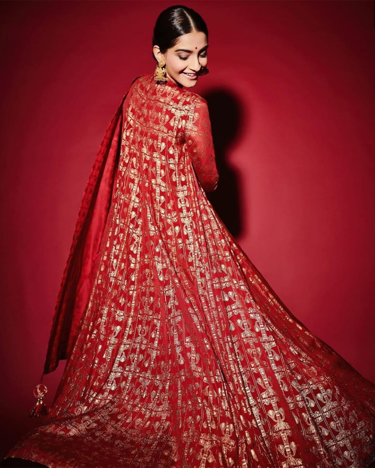 Sonam Kapoor Red Scarlet and Gold Anarkali | House of Masaba